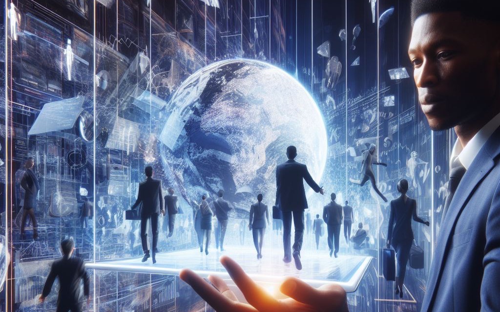 Futuristic image with people walking in virtual spaces.