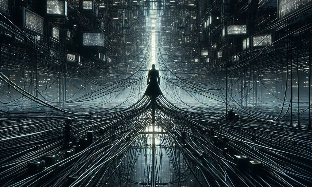 Futuristic image of a human connected to machines with cables.