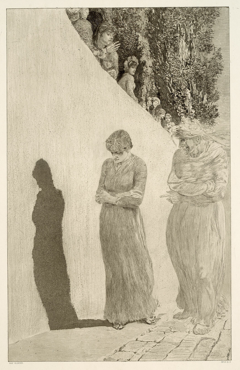 Etching of two women walking, one is being shamed by the other.